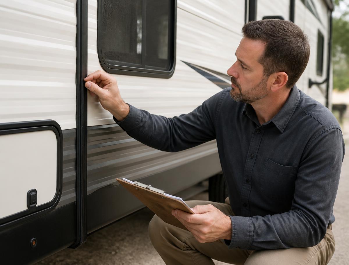 An independent inspector examining the exterior seals of a travel trailer