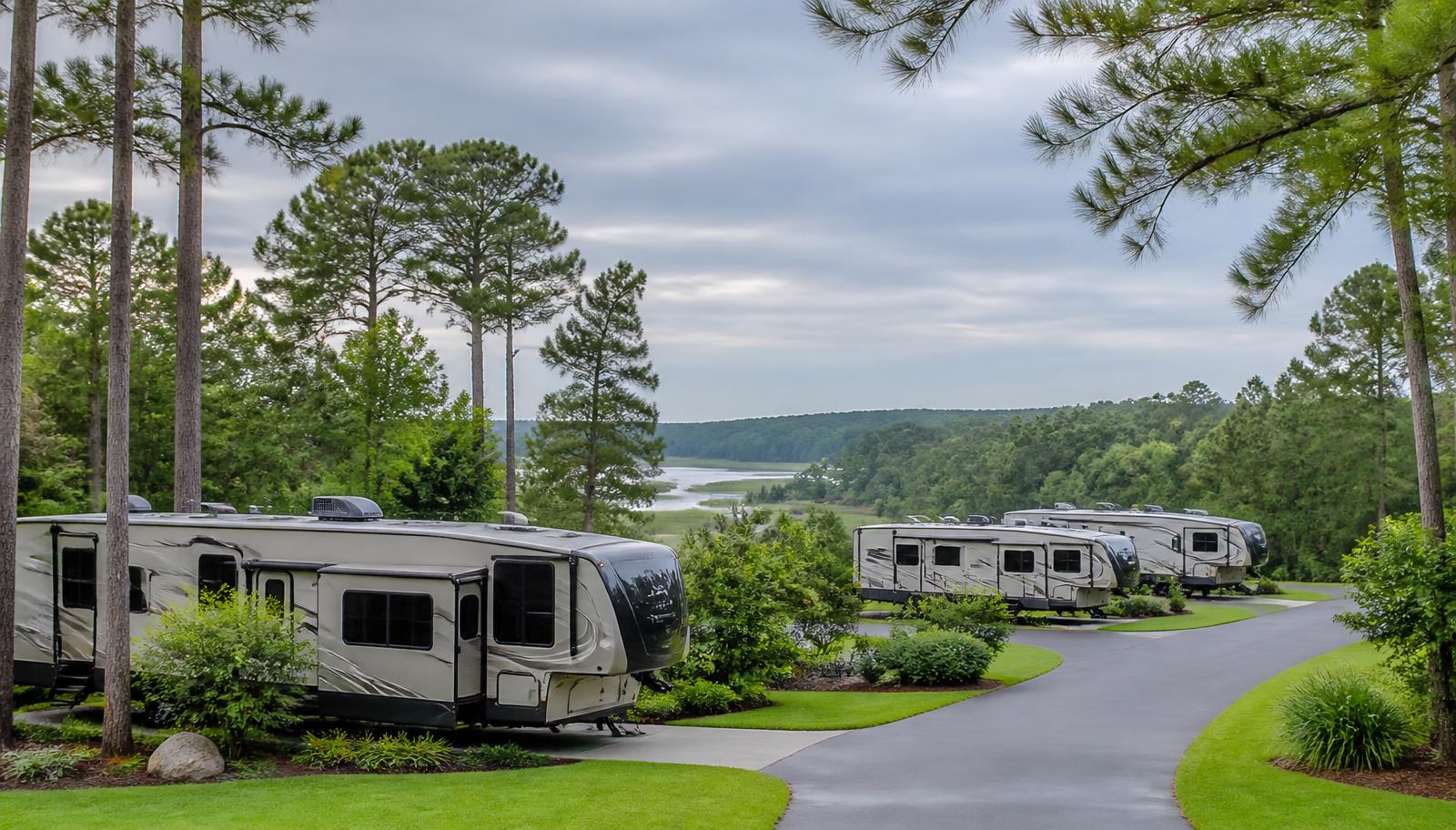 RVs parked among pines in the southeastern United States